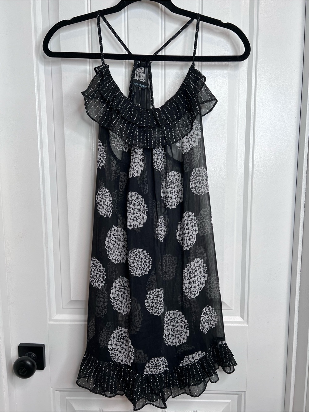 Cynthia Rowley Black Sheer Floral‎ Hydrangea Print Ruffle Slip Nightie. Size M.